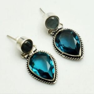 Blue Apatite, Labradorite Gemstone 925 Sterling Silver Stud Dangle Earrings